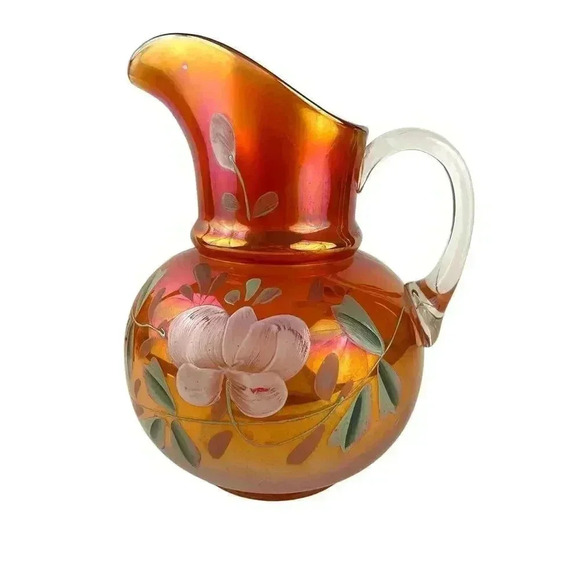 VTG Carnival Glass Orange Iridescent Pitcher Glass Blown Hand Painted 10" Floral - Picture 1 of 16